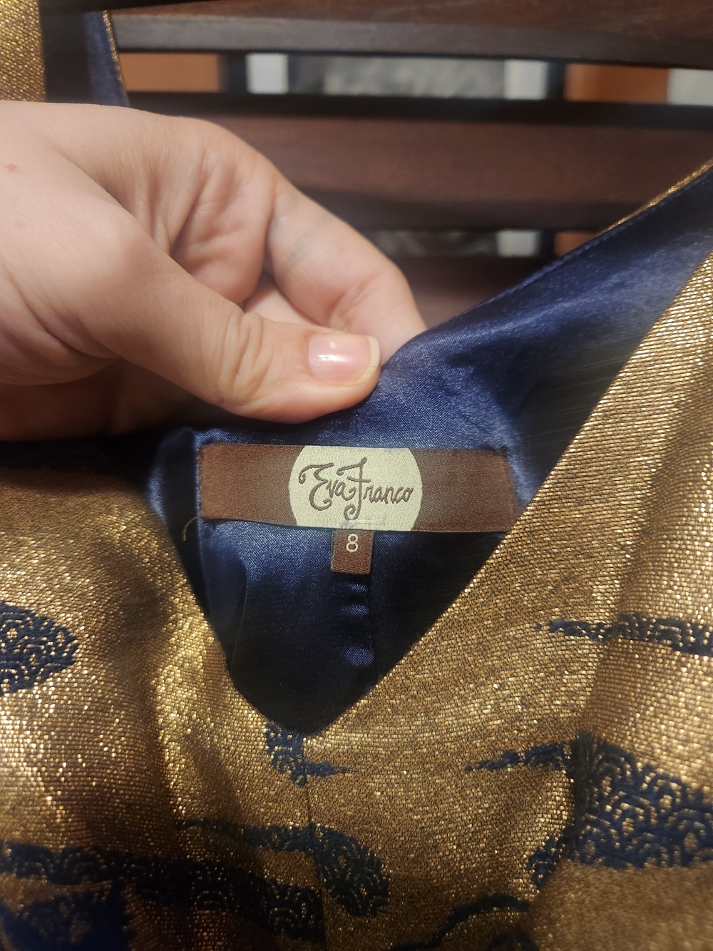 Eva Franco Gold and Navy Floral Fit-and-Flare Belted Dress - Picture 3 of 6